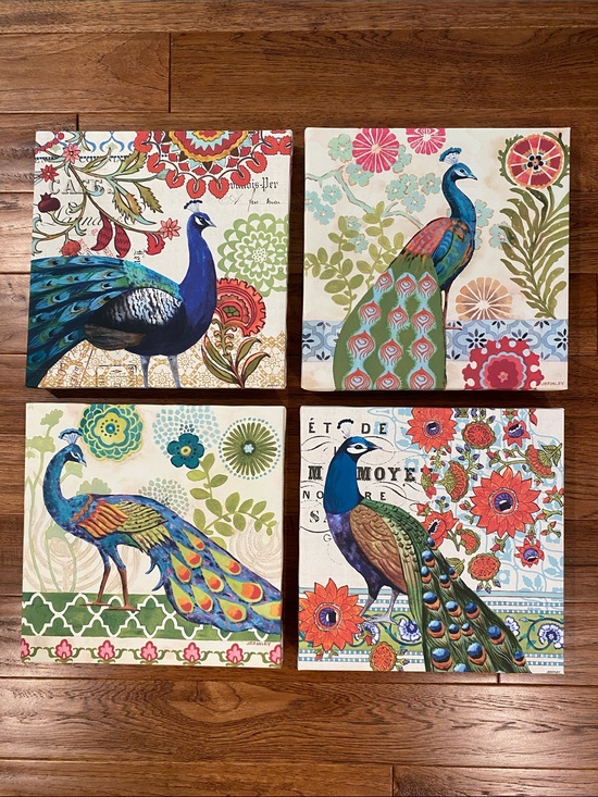 Other - Set of 4 Colorful Peacock Wall Giclee Canvases
